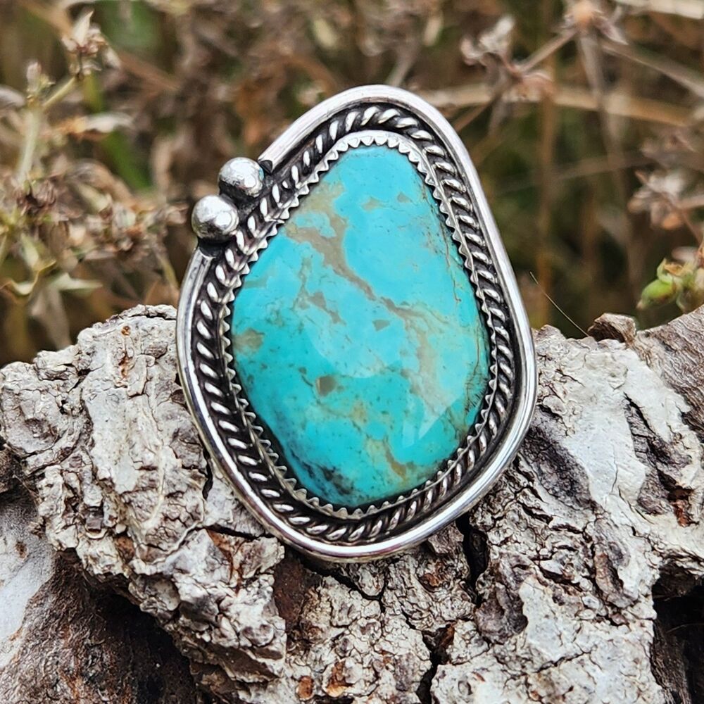 Leslie Nez Navajo handmade Turquoise ring sz 8.25 sterling signed